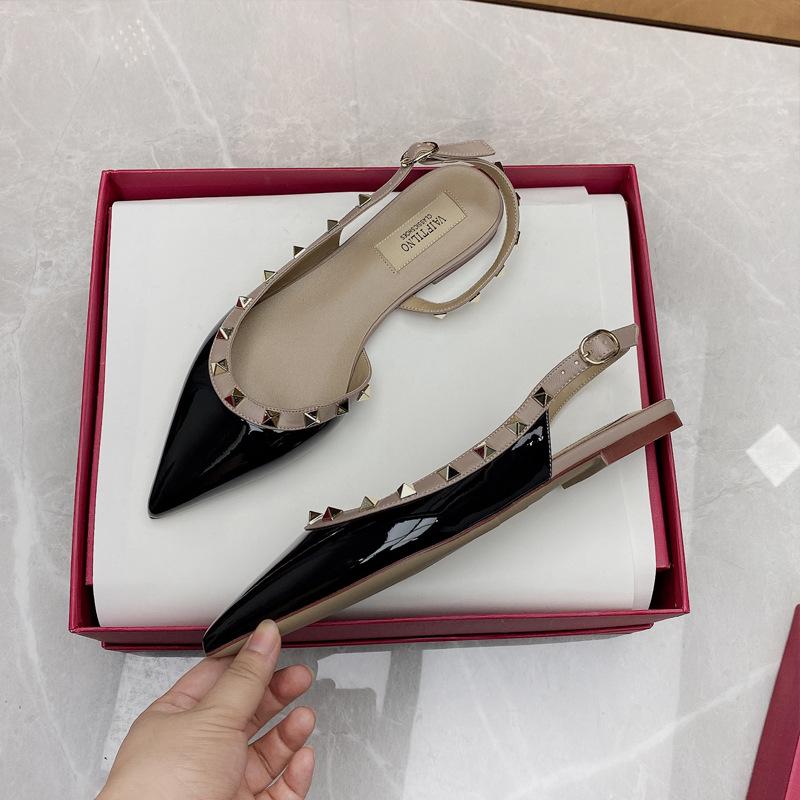 Spring and summer rivet tip one-word buckle flat shoes bag head flat heel leather willow shoes cool slippers women's outer wear