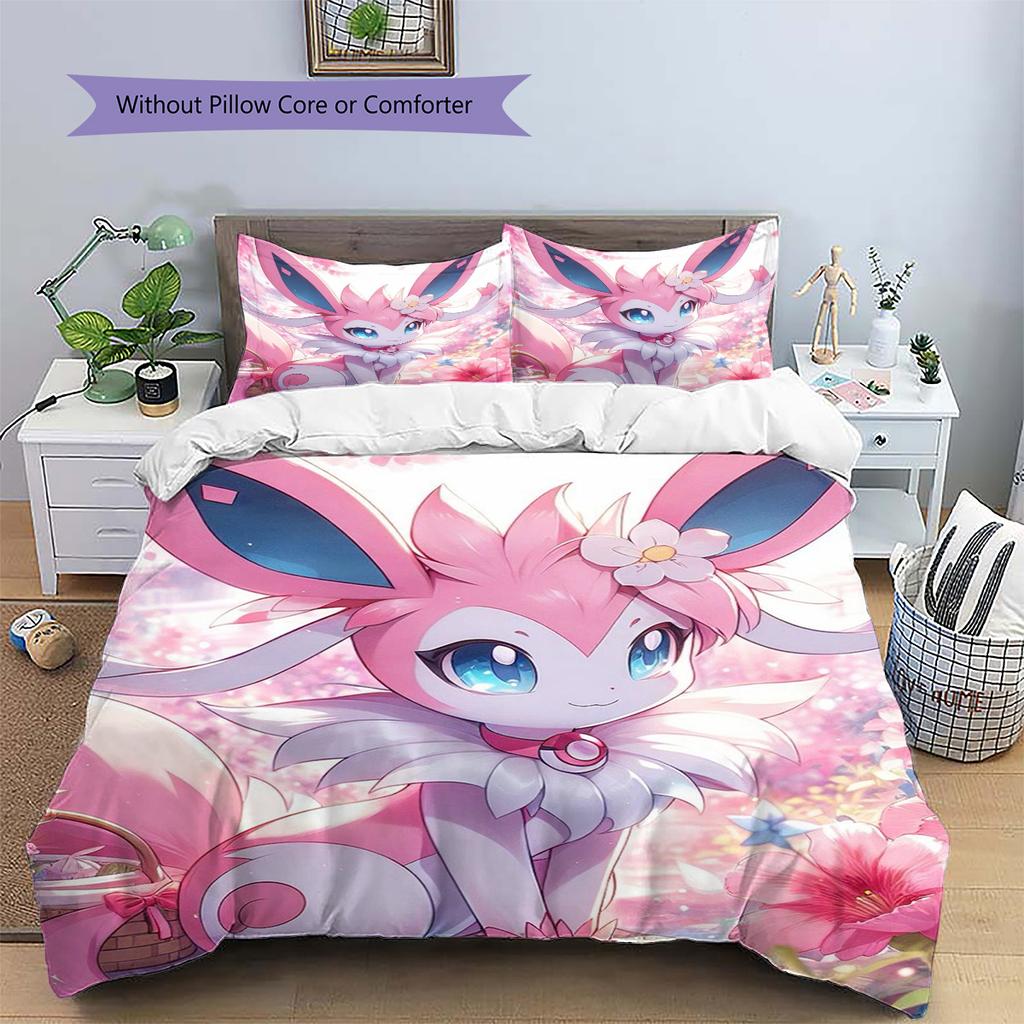 Sylveon Patterned Pillowcase & Duvet Cover Set Anime Graphic Pattern Bedding for Bedroom Present for Fans.-TING