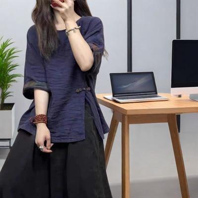 Women's Chinese Retro Sand Washed Fried Linen Pipa Button Side Slit Shirt Mid-sleeve Cotton Linen Top
