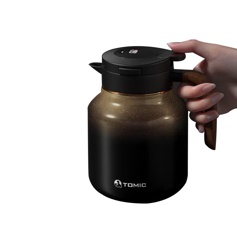 Temok Smart Display Ceramic Lined Insulated Tea Pot with Wood Grain Handle