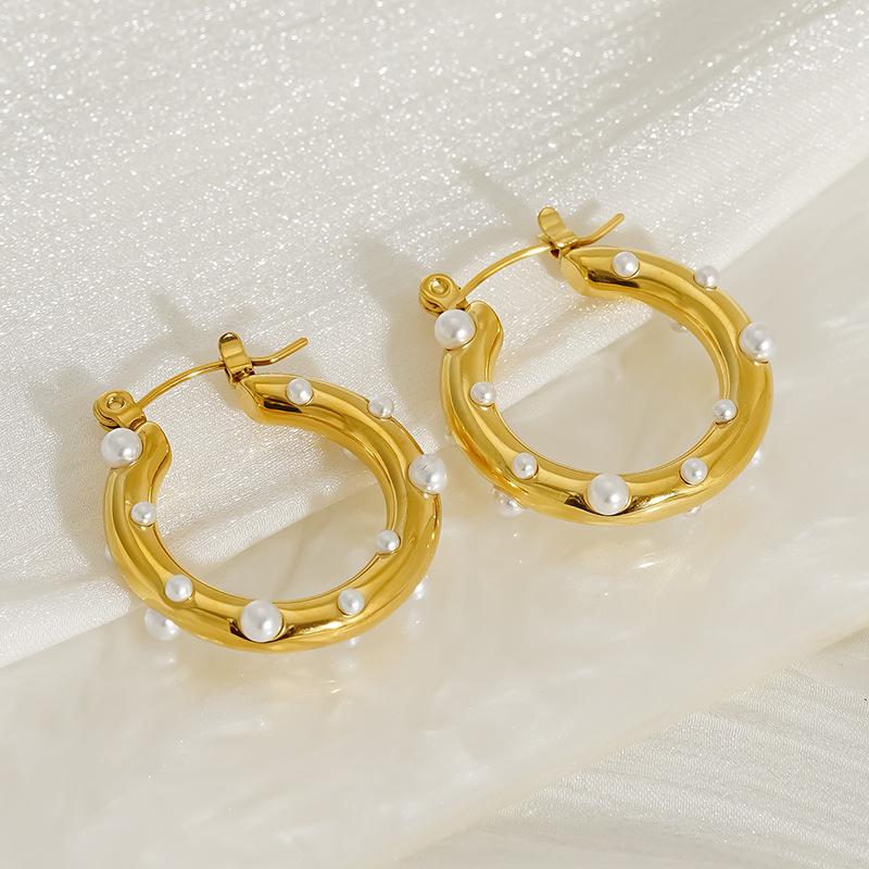 European American Style Stainless Steel Hoop Earrings Natural Stone Inlaid Pearl Zircon Women's Jewelry