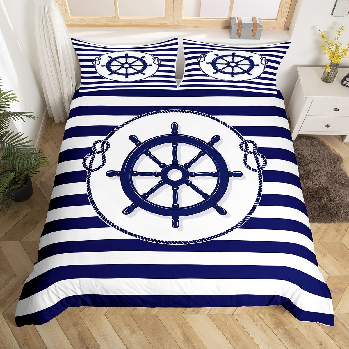 Постельное белье с морской тематикой Пододеяльник King Компас Парусник Маяк Иконка Комплект постельного белья Микрофибра Геометрическая полоска Пододеяльник EU Single(135x200cm)