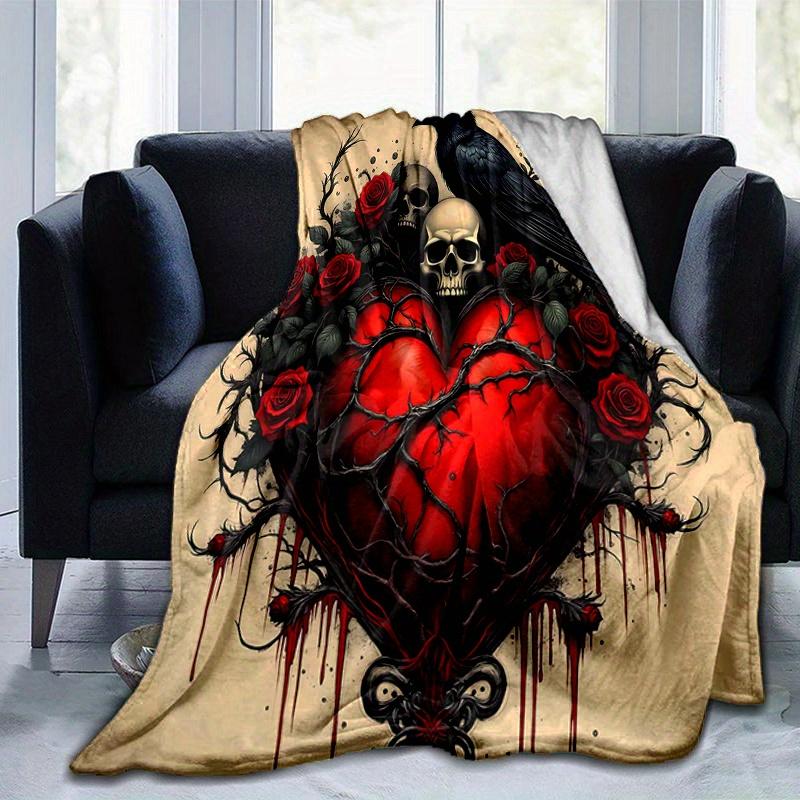 1 Stück Gothic Herz mit Raben Schädeln und Roten Rosen Decke Weicher Überwurf für Heimdekoration, Geschenkidee, Wohnzimmer, Reisen, Camping, Auto Decken