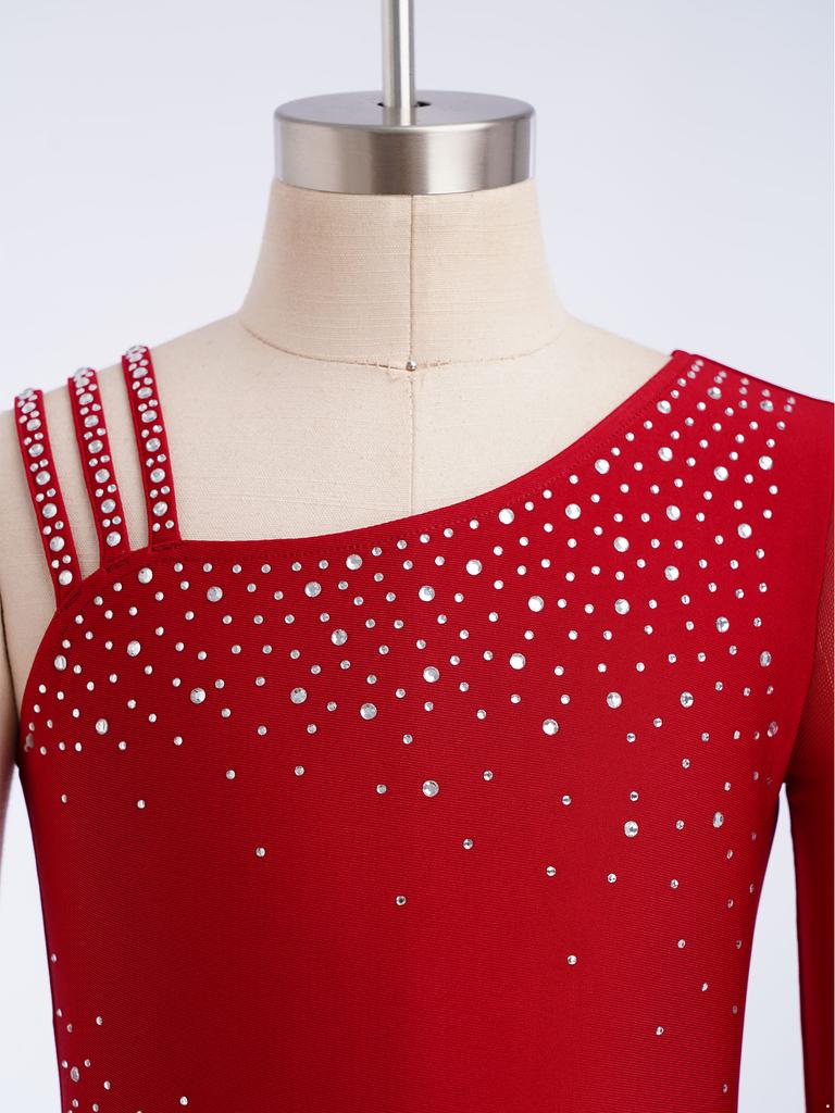 Girls Figure Skating Gymnastics Jumpsuit Asymmetrical Design Back Invisible Zipper Mesh Patchwork Sparkly Rhinestones Bodysuit for Competition