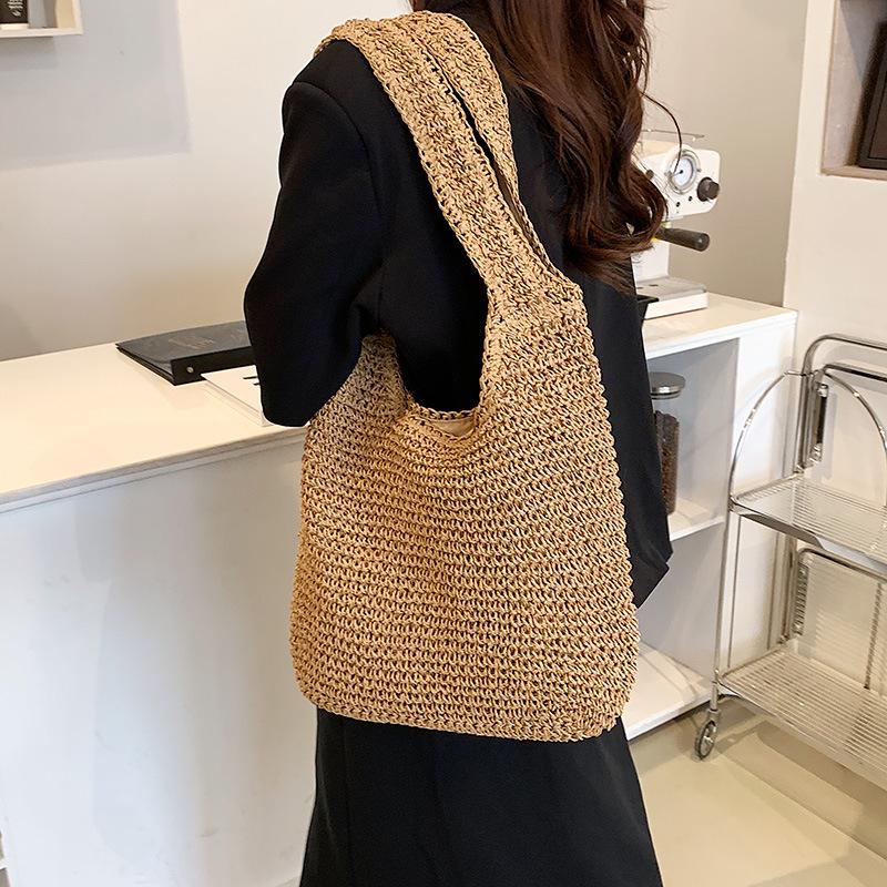 Handtasche Neue Lässige Schultertasche Strandurlaub Große Kapazität Pendler Tragetasche Gewebte Stroh Tragetasche für Damen