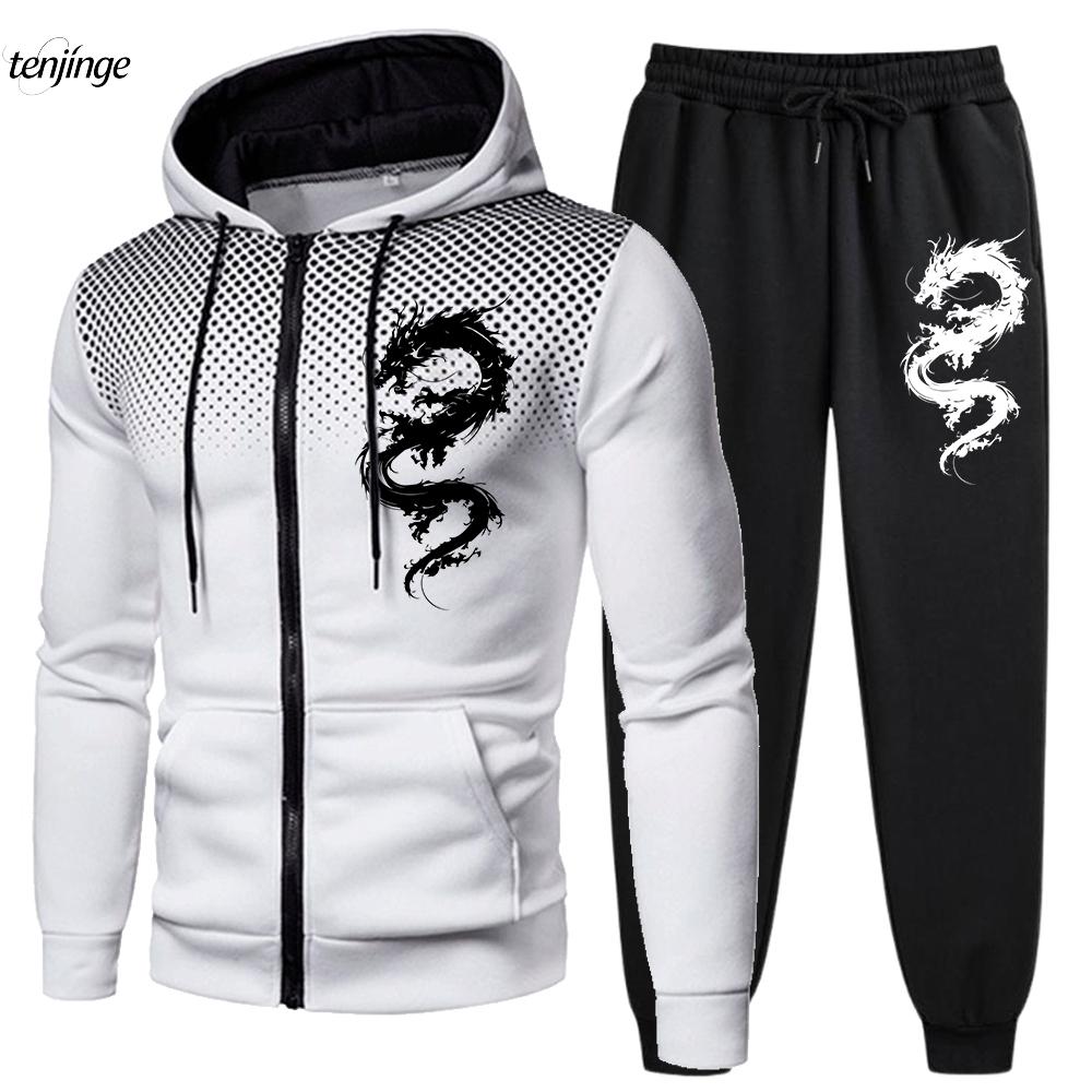 

Autumn and winter men s sports suit casual and comfortable dragon zipper hooded sports shirt+sports pants 2-piece set hot selling L сірий