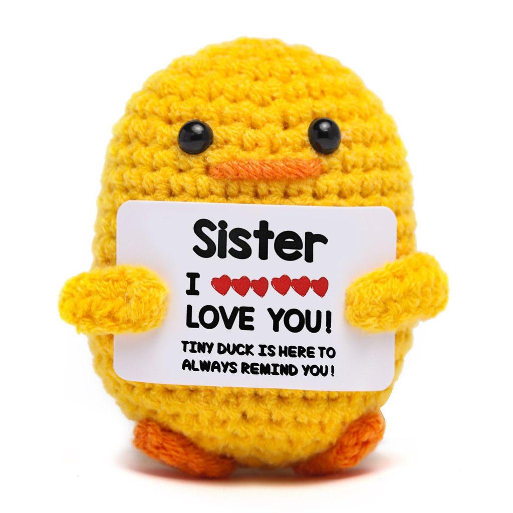 Little Yellow Duck Positive Crochet Animals Doll With Card Desktop Ornament Emotional Support Handmade Knitted Cheer Up Toy