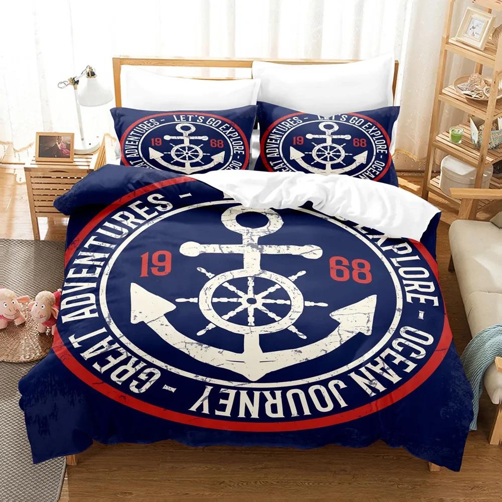 Marine Duvet Cover Set Anchor Pattern Bedding Set Ultra Soft Comforter/Quilt Cover Set&Pillowcases For Kids Teens Boys Bedroom