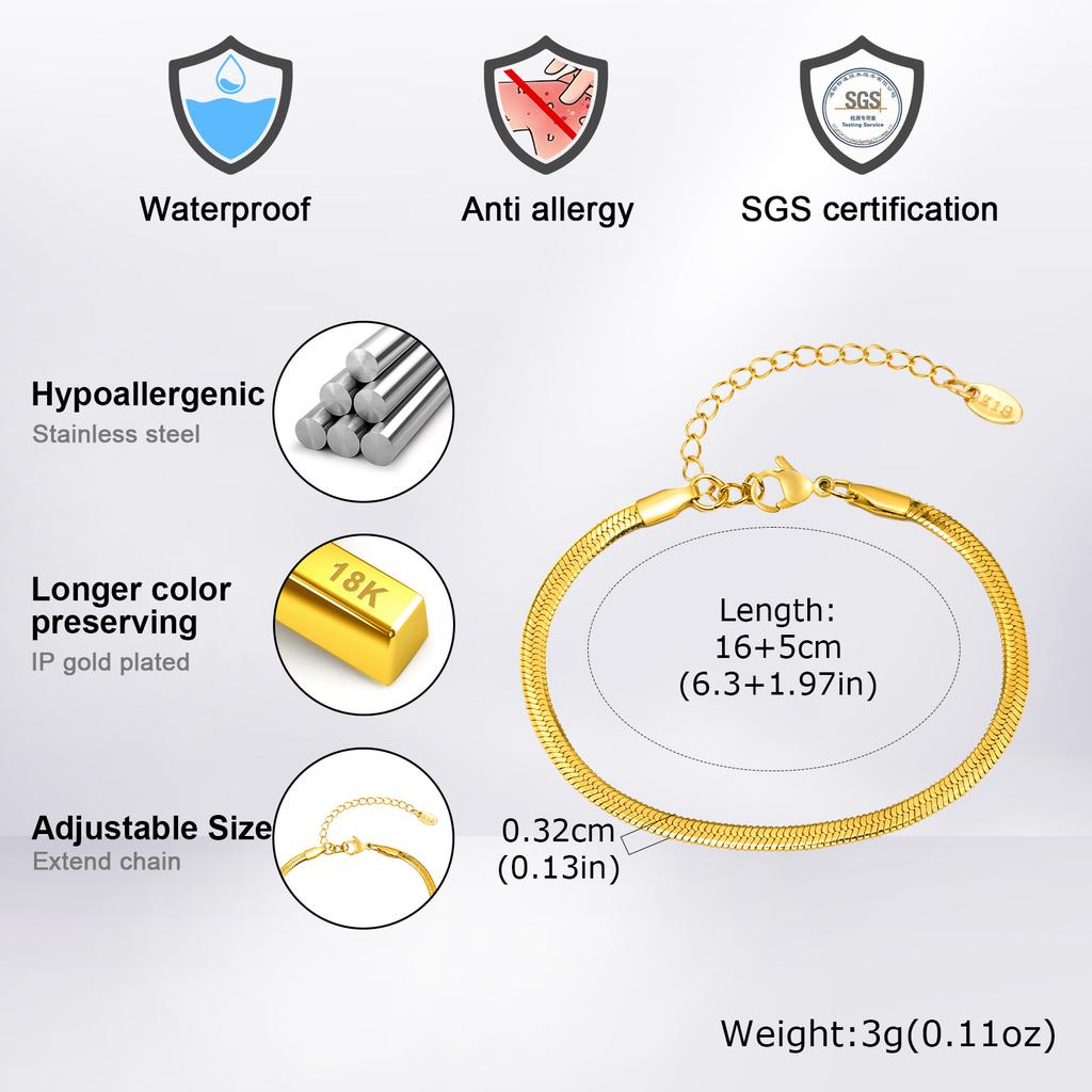 Classic Stainless Steel Snake Chain Bracelet for Women Gold Plated Blade Chain Bracelets Fashion Jewelry Christmas Gift