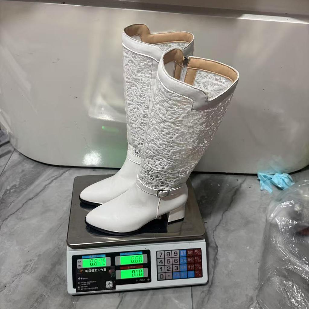 Autumn and winter ebay high-heeled lace mesh large-size round-head breathable high boots