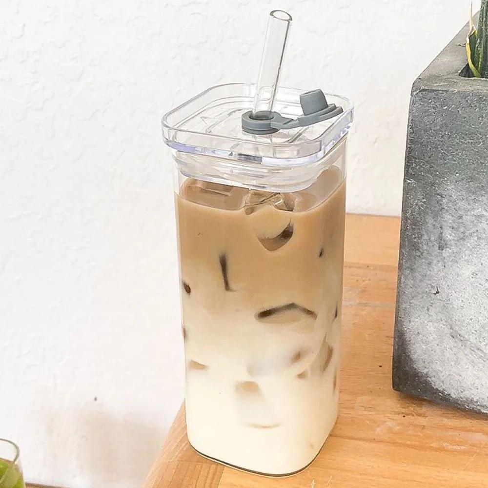 Comfortable Home Life Square Glass Cups With Lids/Straws Transparent Drinking Glasses Sets Coffee Tumbler For Cocktail, Coffee, Juice, Beer