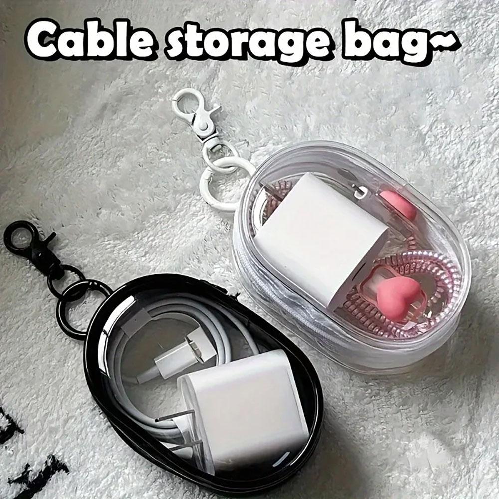 Portable Mini Transparent Zipper Storage Bag Earphones/Chargers/Data Cable Space Organizer Bag with Keychain for Office/Travel