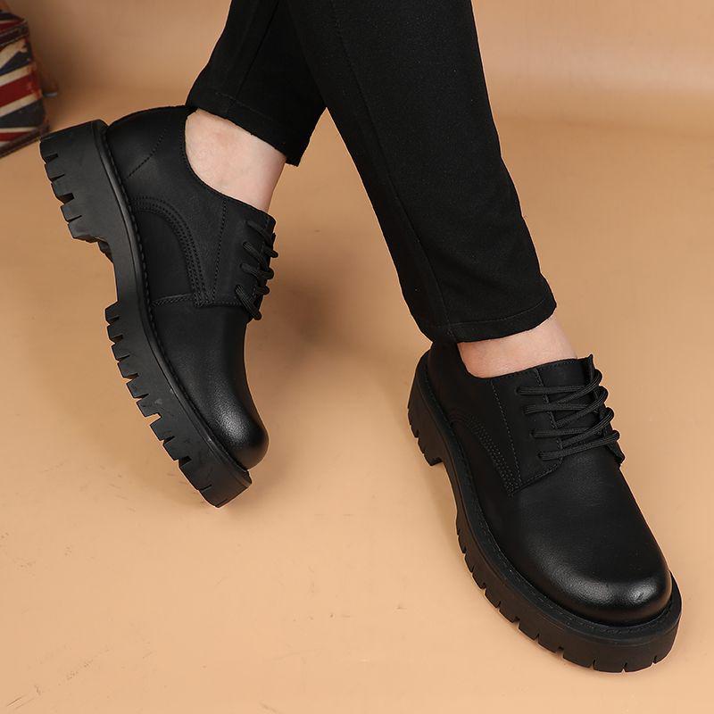 Men's Korean Fashion Casual Leather Lace-up Round Toe Shoes with Thick Sole - Business and Retro Style
