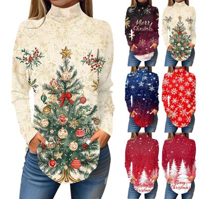Women's Fashionable Casual High Neck Christmas Printed Long Sleeve T-Shirt Pullover Top