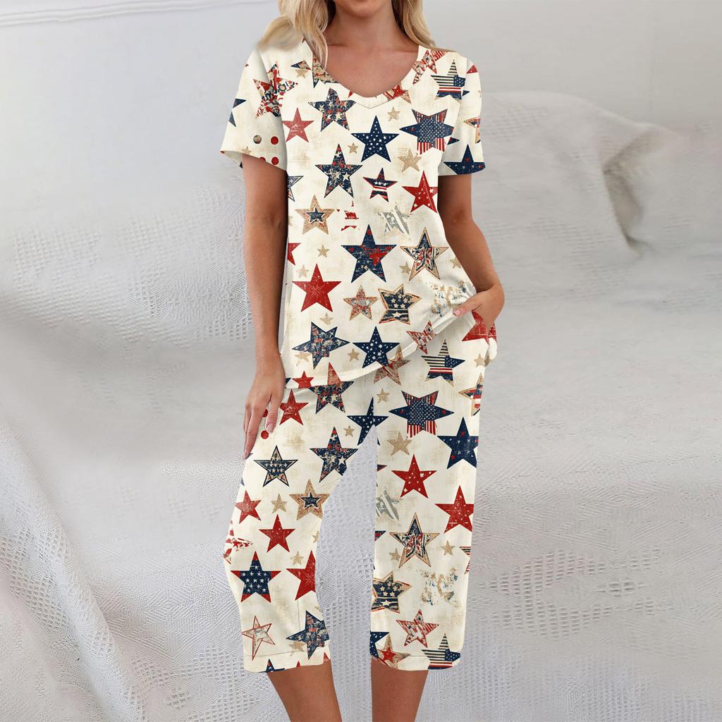 2-teilige Sets für Damen Kurzarm-Oberteil und Hose mit Taschen Sport Weiche Print-Sets