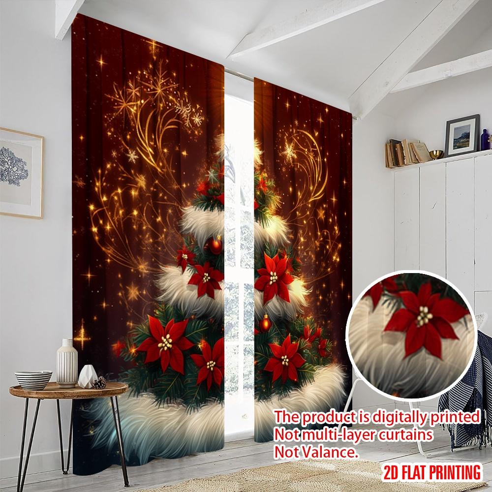 2pcs,2D Plane Printing Light Filtering Curtains Christmas Tree Poinsettia Ornaments_a Versatile Durable Polyester (without Rod)