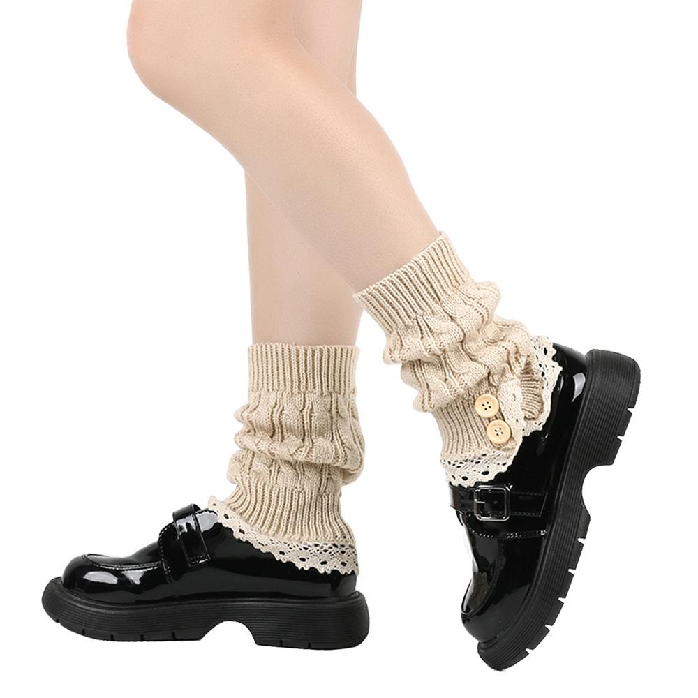 Harajuku Lace Edge Button Knitted Socks for Women Winter Warm College Style Thick Boot Socks Japanese Style Lolita Leg Warmers