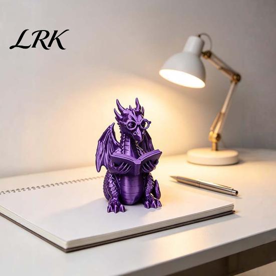 Reading Room Decorations 3D Printed Dragon Figurine, Cute Statue with Glasses Creative Desk Accessories Book, Fantasy Desktop Bookshelf Decor,