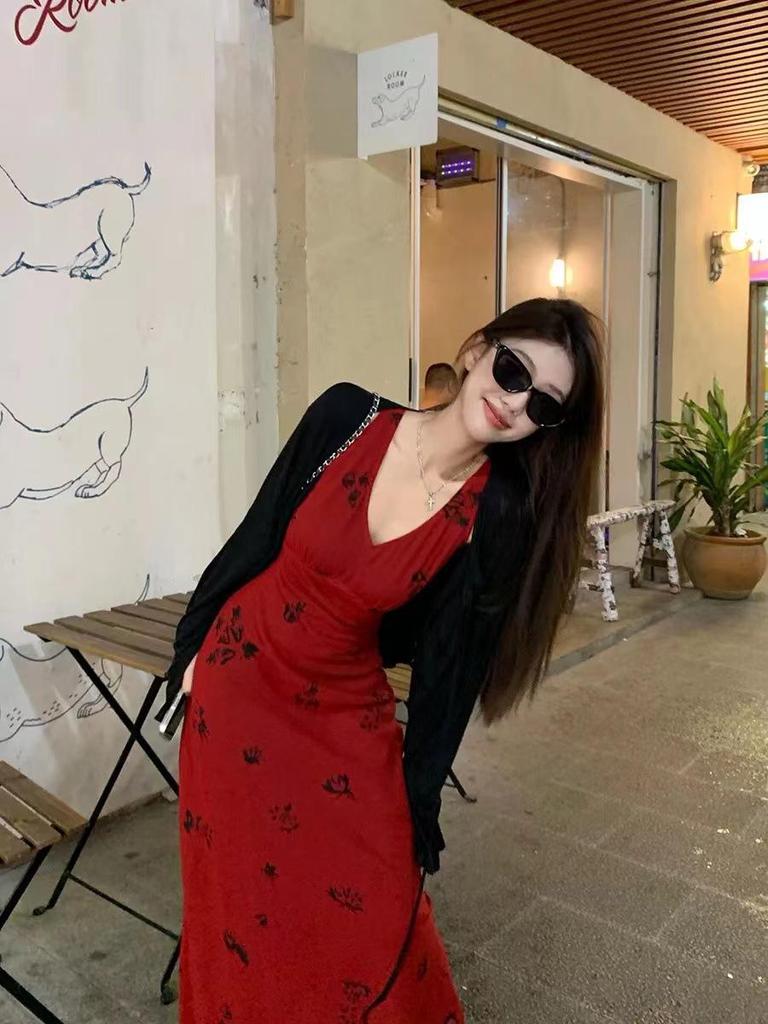 Hong Kong Red Floral V-Neck Spaghetti Strap Maxi Dress for Women - Summer 2024