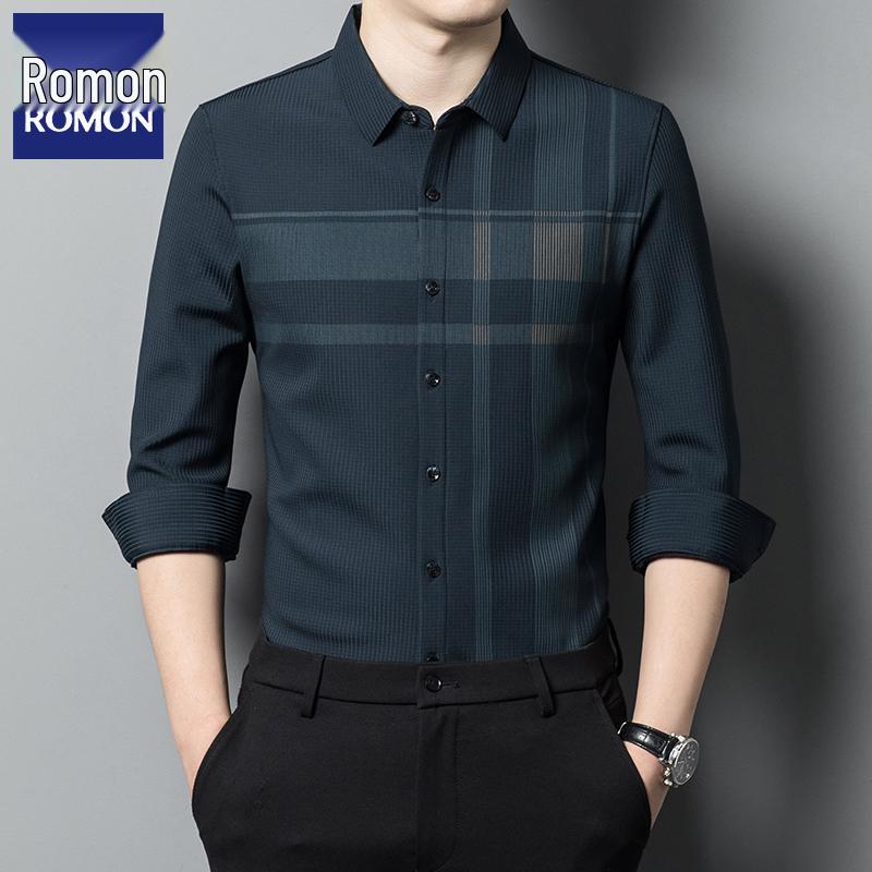 

Romon Мужская полосатая немнущаяся рубашка с длинным рукавом - Весенне-осенняя деловая повседневная для пап среднего возраста M - up to 60 kg