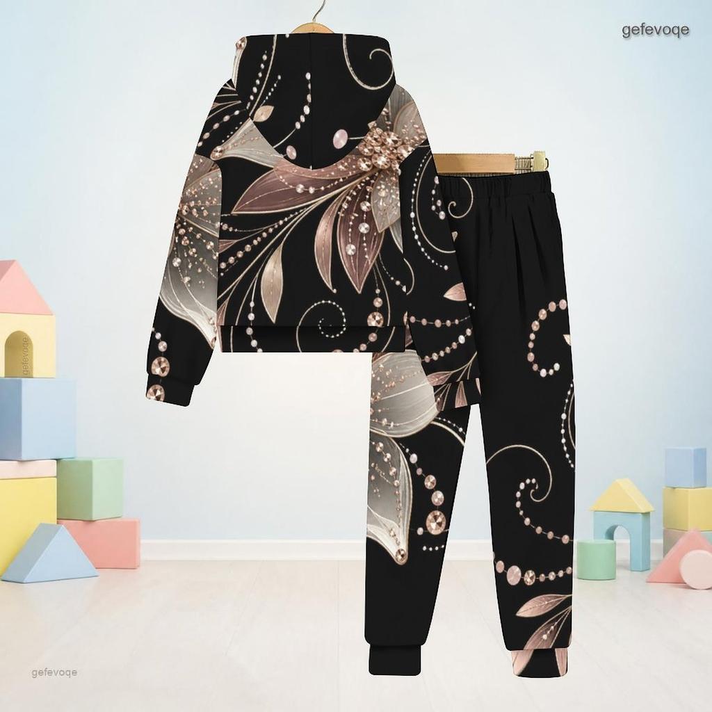 Boys Girls Black Floral Printed Hooded Long Sleeve Sweatshirt Cuffed Pants Two Piece Set
