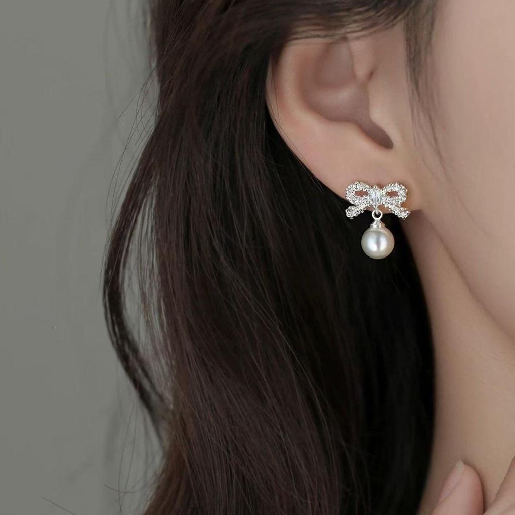 925 Sterling Silver Bow Pearl Stud Earrings - Elegant Women's Luxury Accessories 2026