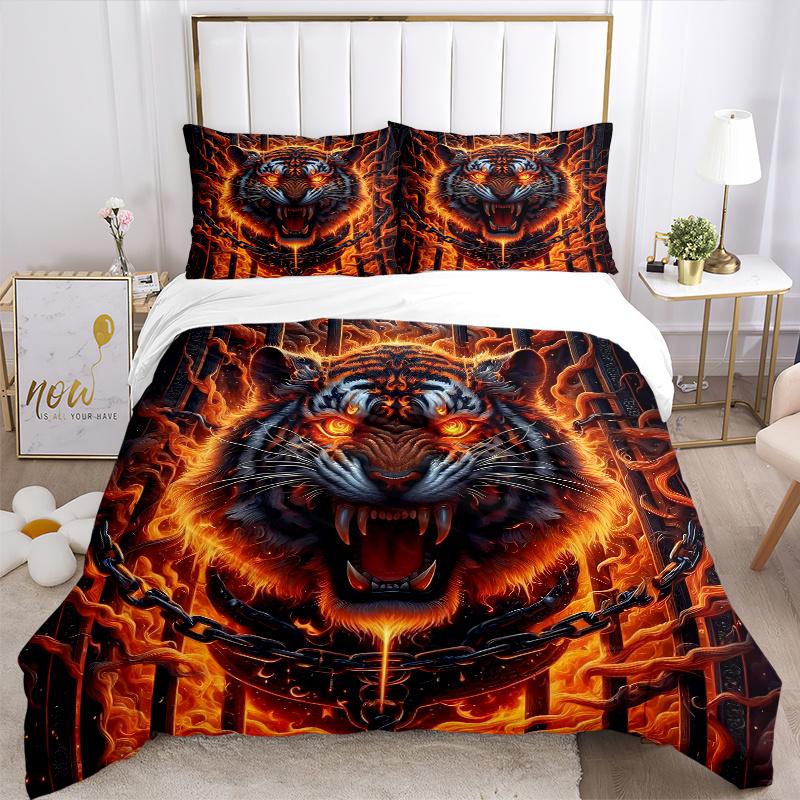 3-teiliges Steppdecken-Set mit flammendem Tiger-Design, Cartoon-Thema, Bettdecken-Set, niedliches Charakter-Schlafzimmer-Dekor, Bettdecken-Set für vier Jahreszeiten (1 Bettbezug + 2 Kissenbezüge