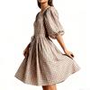 Women's  Plaid Tie-Front Babydoll Dress With Ruffles, Puff Long Sleeves, V-Neck, Peplum Waist, Sundress For Beach