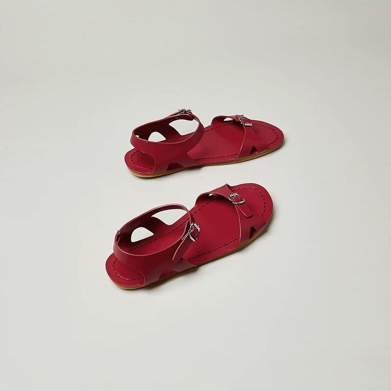 Sheepskin Version~ Row Style Red Sandals Women's 2025 Summer New One-word Buckle with Flat Open-toed Cool Slippers Outside