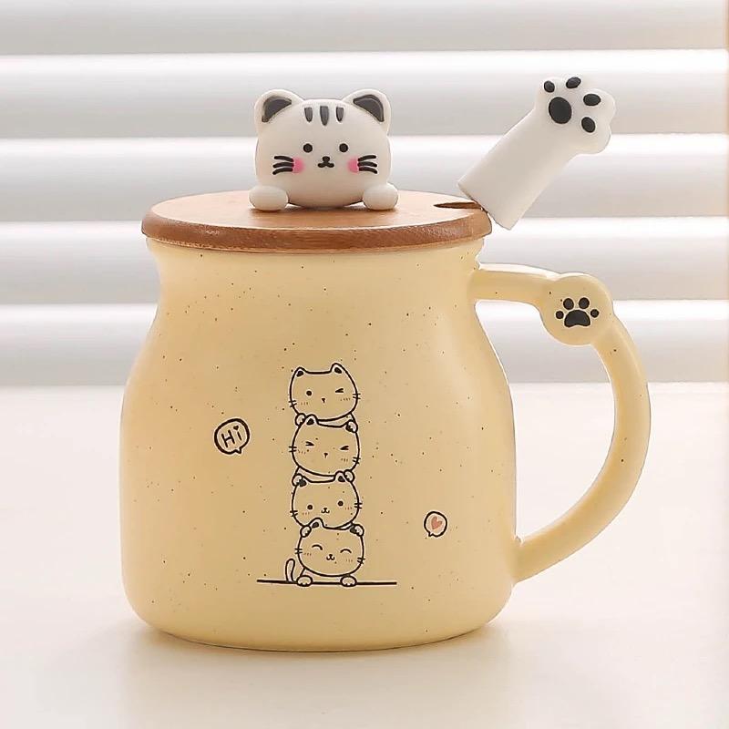 Cute Cartoon Cat Ceramic Mug with Lid and Spoon – Breakfast Coffee Cup