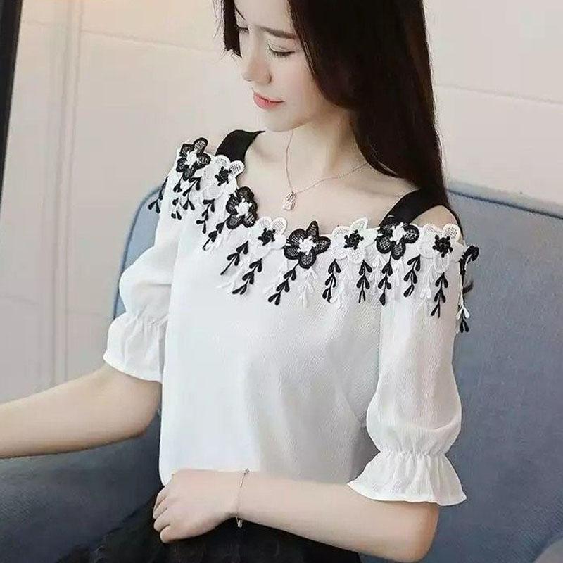 Slash Neck Off Shoulder Applique Casual Blouse Summer New Princess Sleeve Solid Color Slim Chiffon Shirt Women's Female