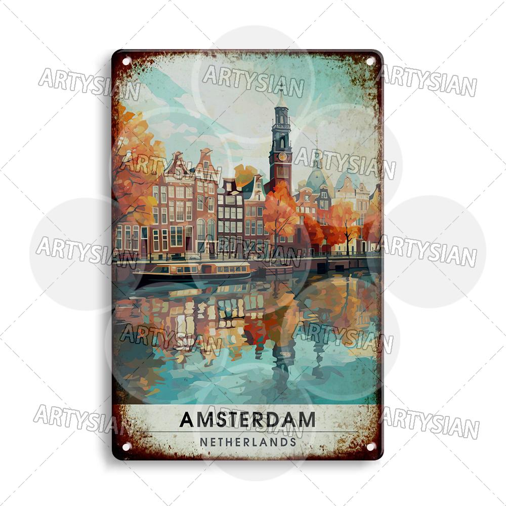 Netherlands Turkey Travel Cityscape Metal Sign Istanbul Bodrum Cappadocia Amsterdam Antalya Bodrum Giethoorn Metal Plaque