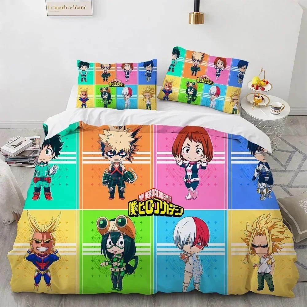 Juego de Cama con Estampado de Personajes de Anime 3D My Hero Academy Funda Nórdica Funda de Almohada Juego de Ropa de Cama Sábana de Lino Funda de Edredón Tamaño Completo Queen