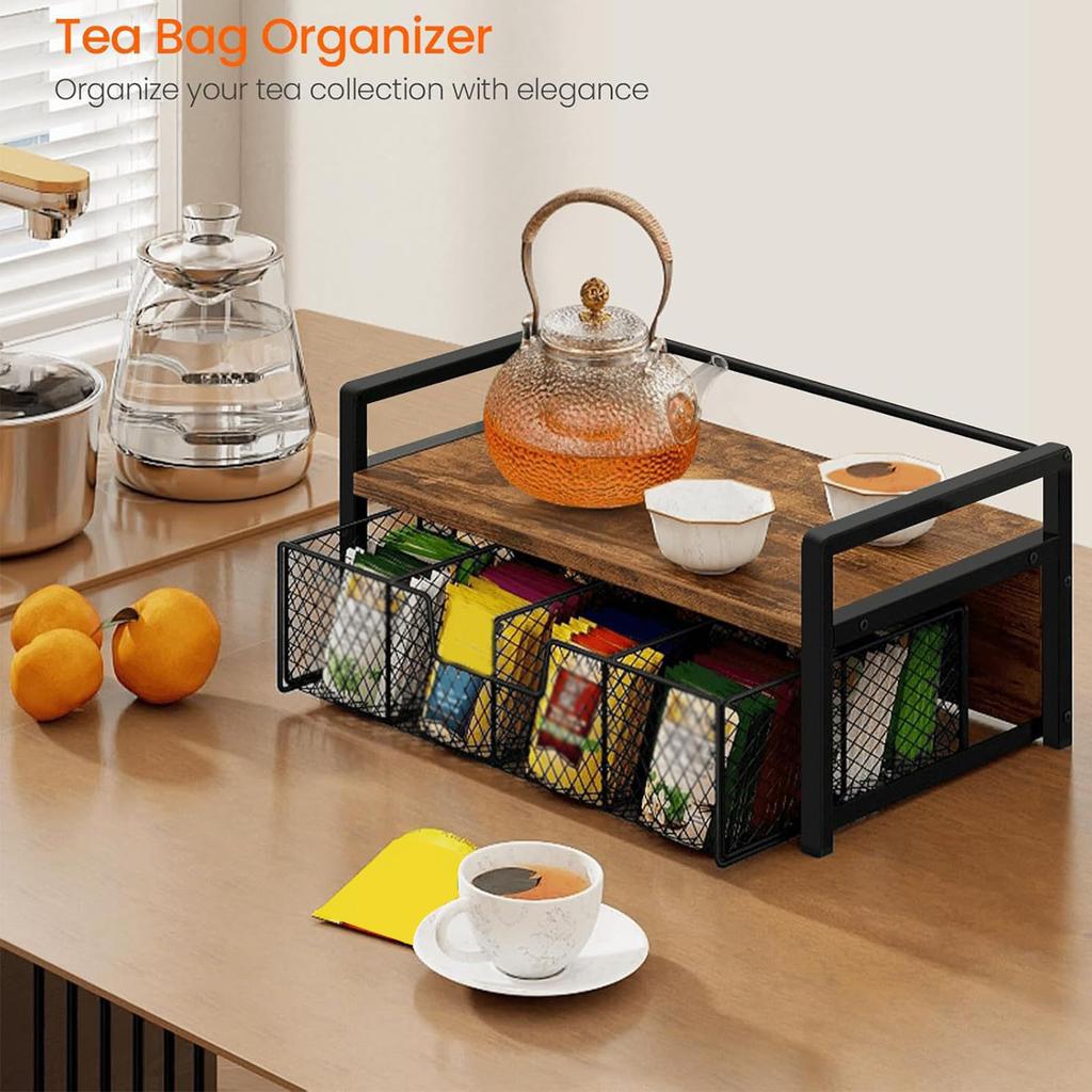 Tea Bag Organizer Holder with 8 Compartments Storage Drawer Tea Station Chest Display Container Box for Countertop Kitchen Black 2 Tier