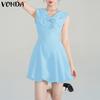 VONDA Women Sleeveless Dress Casual V Neck Bow Knot Crochet Hem Ruffled Mini Dresses