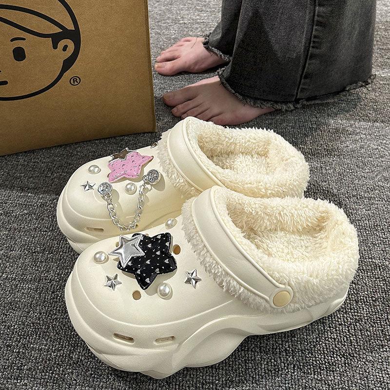 New velvet hole shoes women's winter non-slip outer wear cotton shoes heightened thick-soled home removable cotton slippers