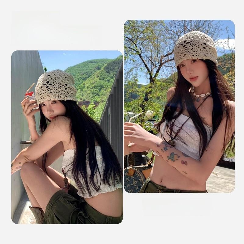Hanbok Style Handcrafted Cotton Big Head Hat With Openwork Tassels For Summer Beach Wear
