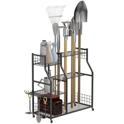 Garden Tool Organizer with Lockable Wheels Heavy-Duty Yard Tools Rack for Garage Garage Shed Garden Utility Stand Rakes Brooms Shovels