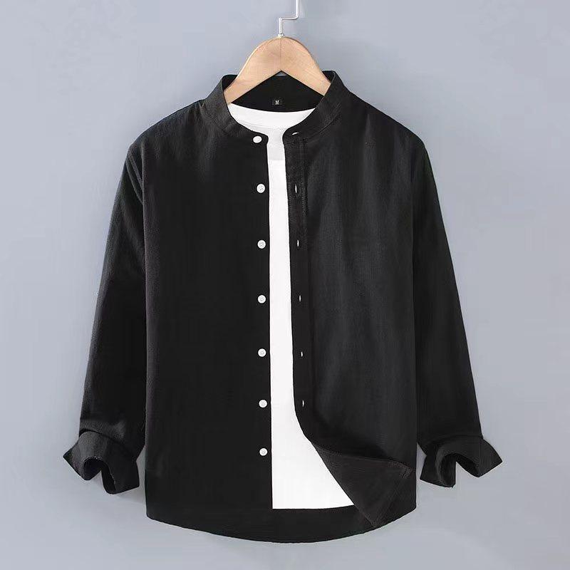 Spring Summer Men's Linen Shirt Pure White Stand Collar Long Sleeve Henley Soft Comfortable Simple Slim Fashion
