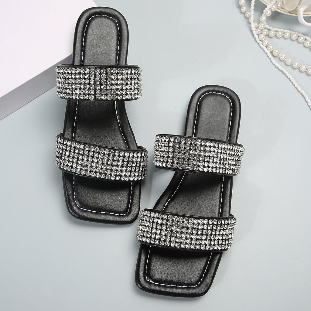 Flat Bottom Large Size Slippers Women's 2025 Summer New One-word Rhinestone Square Head Casual Wear Beach Cool Slippers