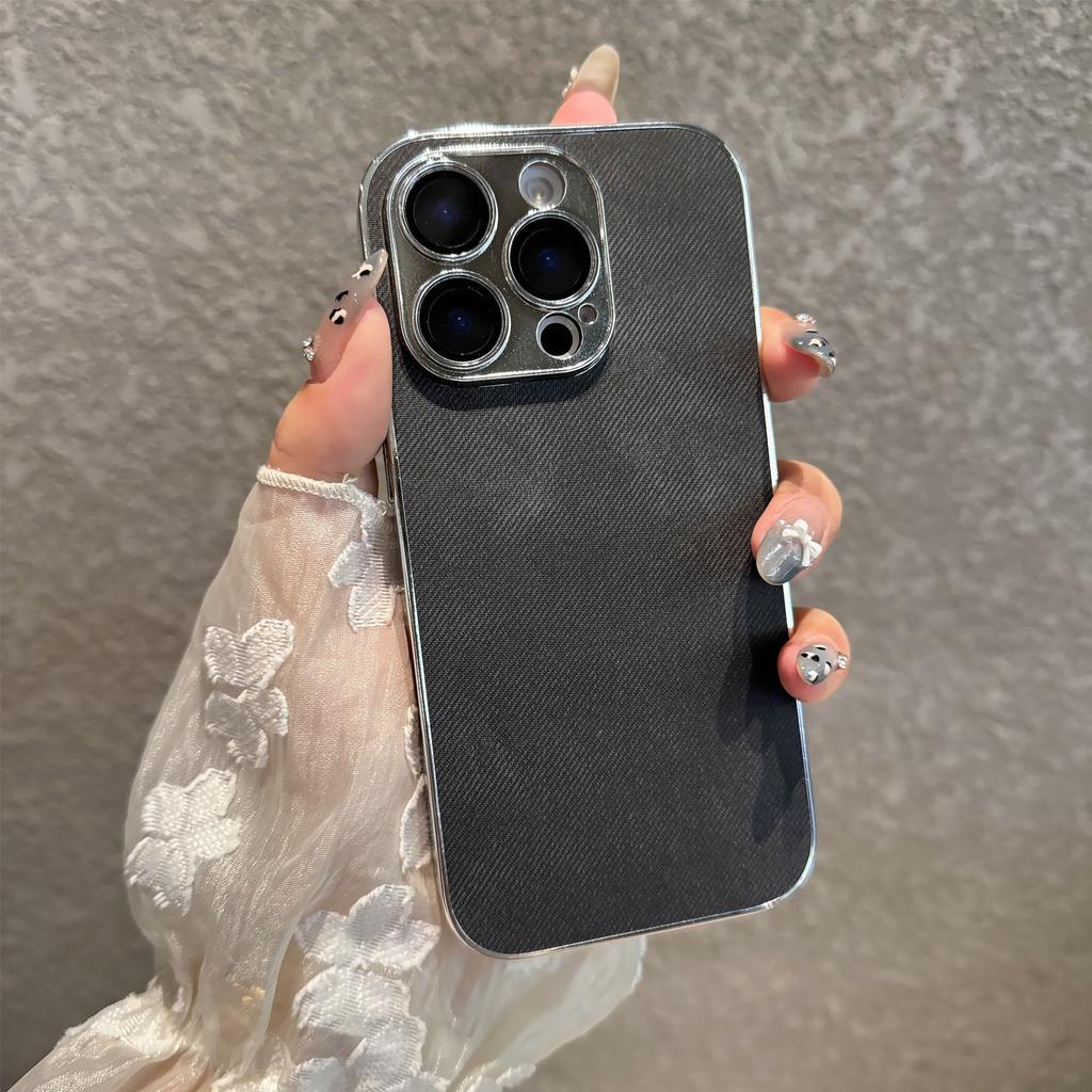 Silver Edge Denim Cloth Pattern Mobile Phone Case Is Suitable for Apple 16PROMAX Trend 16 Hard Case 15 Fine Hole 11 Protective Case