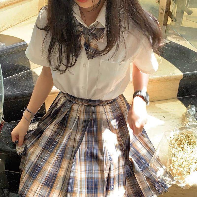 Lemon Sea Salt Plaid School Uniform: Short Sleeve Top & Midi Skirt Set