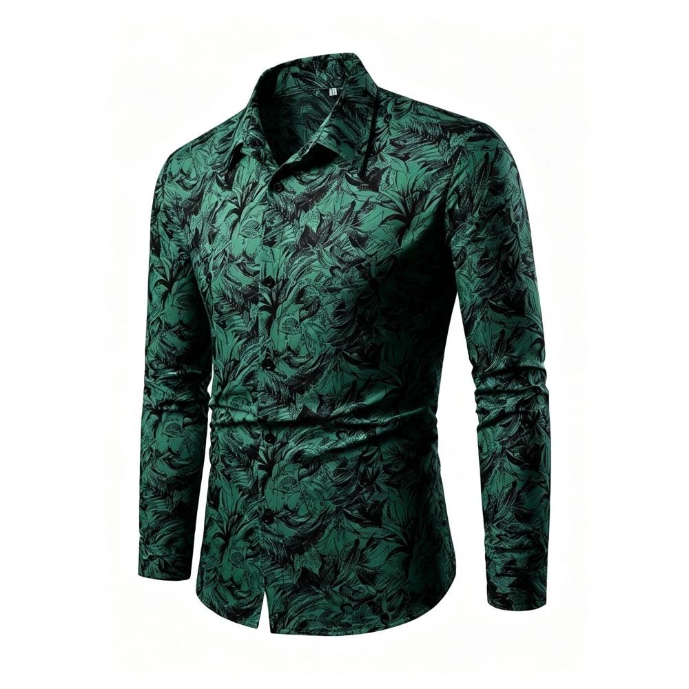 Men's Retro Plant Leaf Printed Long Sleeved Shirt with Slim Fit Collar Trend Shirt, Daily Party Casual Men's Top