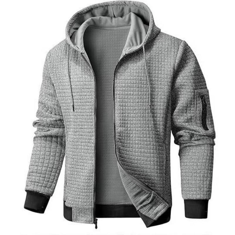 Men S Solid Color Waffle Knit Full Zip Hooded Sweatshirt Casual Jacket