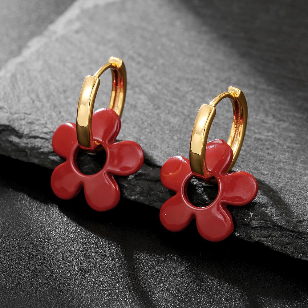 Temperament Ankola Red Drop Glaze Flower Stud Earrings Light Luxury Design