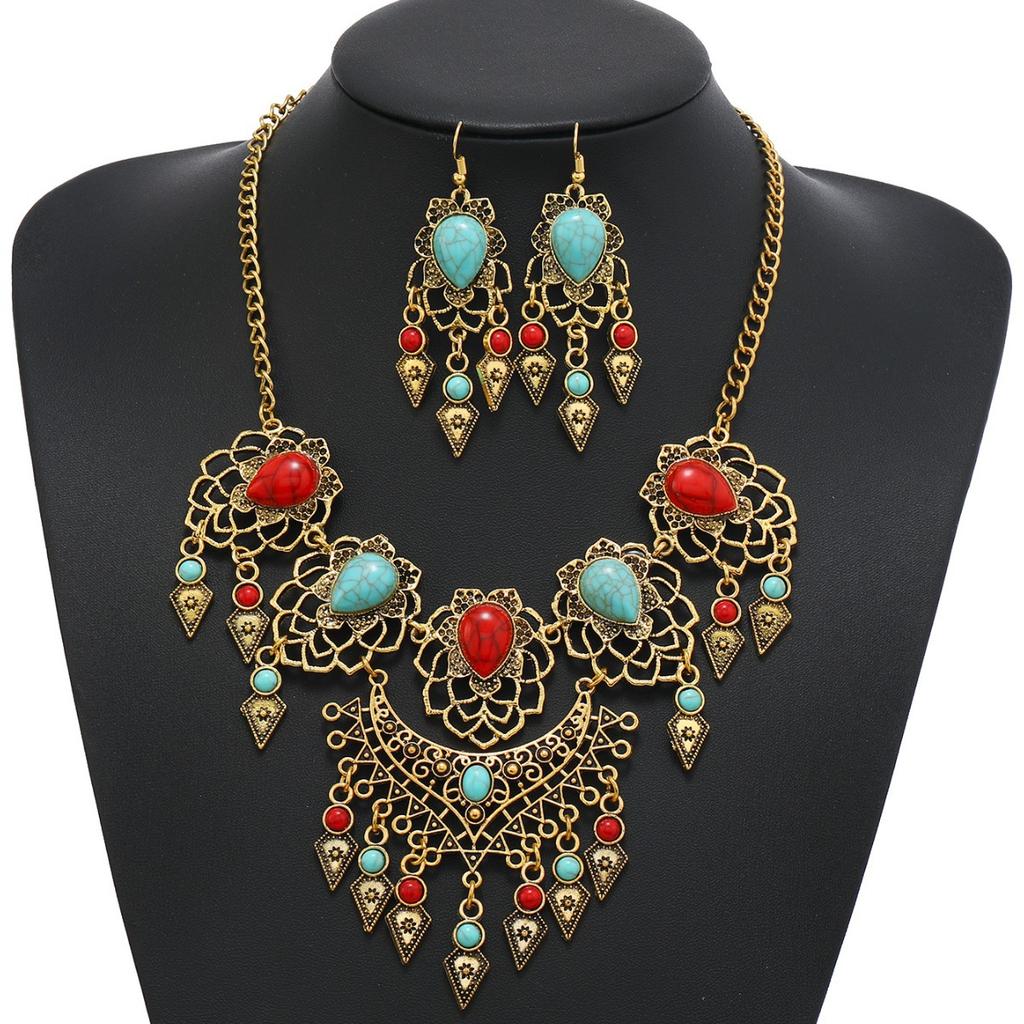 Retro Ethnic Style Carved Turquoise Water Drop Tassel Exaggerated Necklace Earrings Set