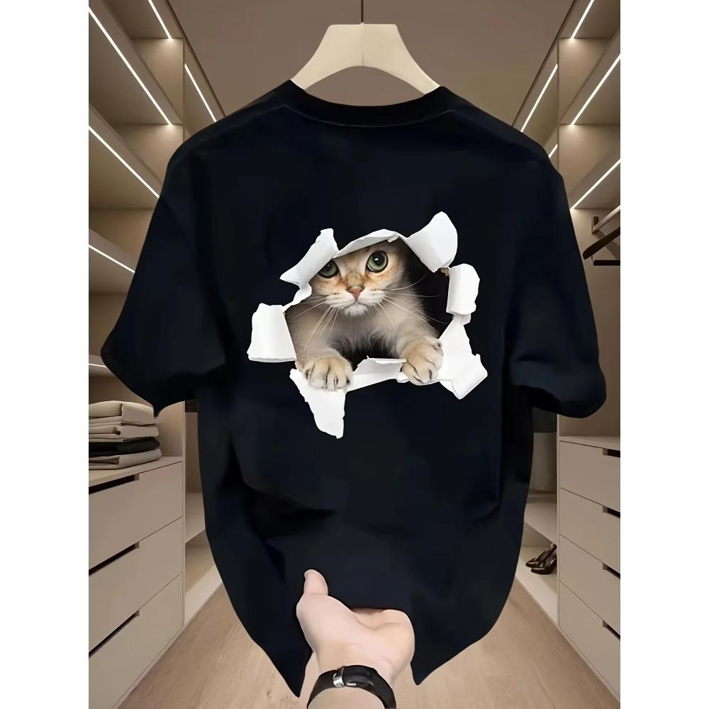 Men's Summer 100 Cotton Fashionable Casual Loose Large Size 3D Cat Pattern Printed Sports Round Neck Short Sleeve T-shirt Top