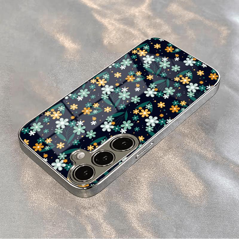 Vergoldete gehärtete Glas-Handyhülle, kompatibel Galaxy S26 S25 S24 S23 S22 Ultra Plus. Mit einem Design aus einem blumigen Universum.