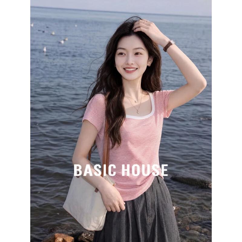 Basic House Women s Striped Cotton Square-Neck Short Sleeve T-Shirt L