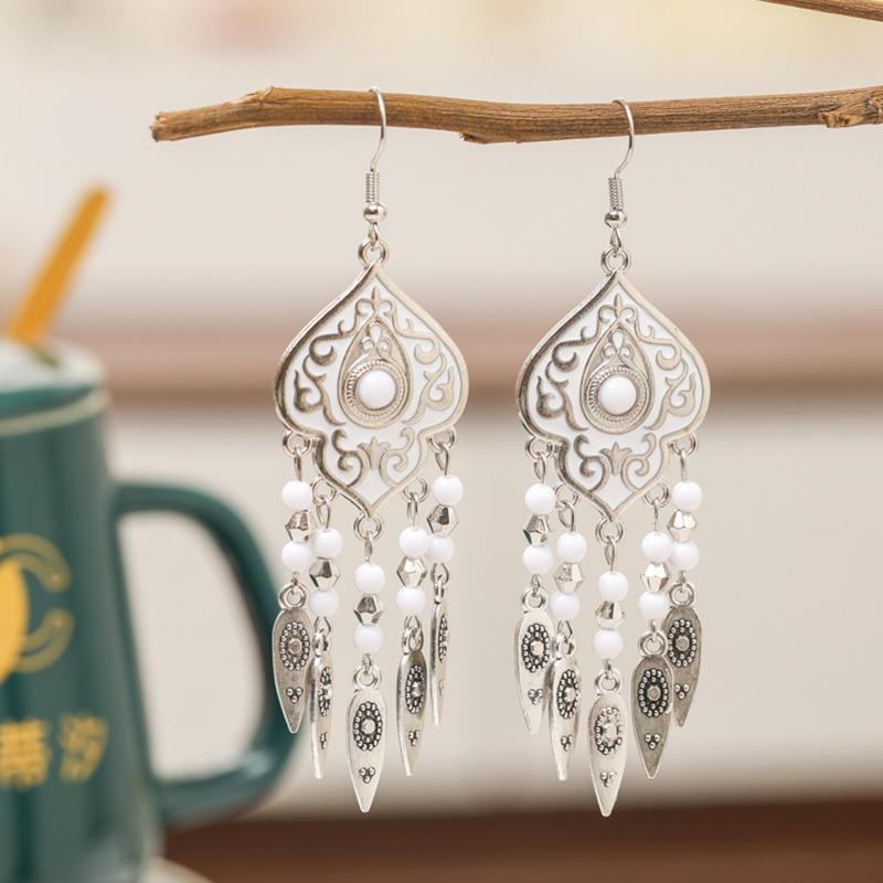 Ethnic Unique Pattern Geometric Charm Earrings for Women Creative Drop Oil Colorful Beads Metal Tassel Hanging Earrings Jewelry